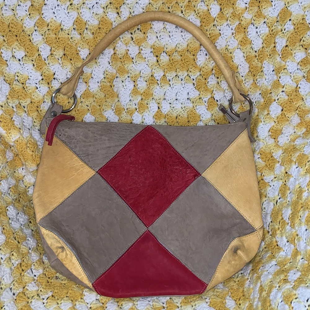 Innue Italy Leather Handbag Purse Tote Patchwork Color Block Italian  Zipper Top